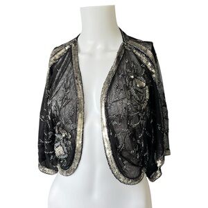 Gudi Sheer Black Short Sleeve Bolero Beaded Sequin Floral Size Medium M